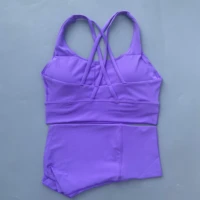Ensemble de Yoga pour vélo de gymnastique, couleur unie, Legging court + soutien-gorge de sport croisé, survêtement athlétique pour femmes, entraînement complet, Jogging 2