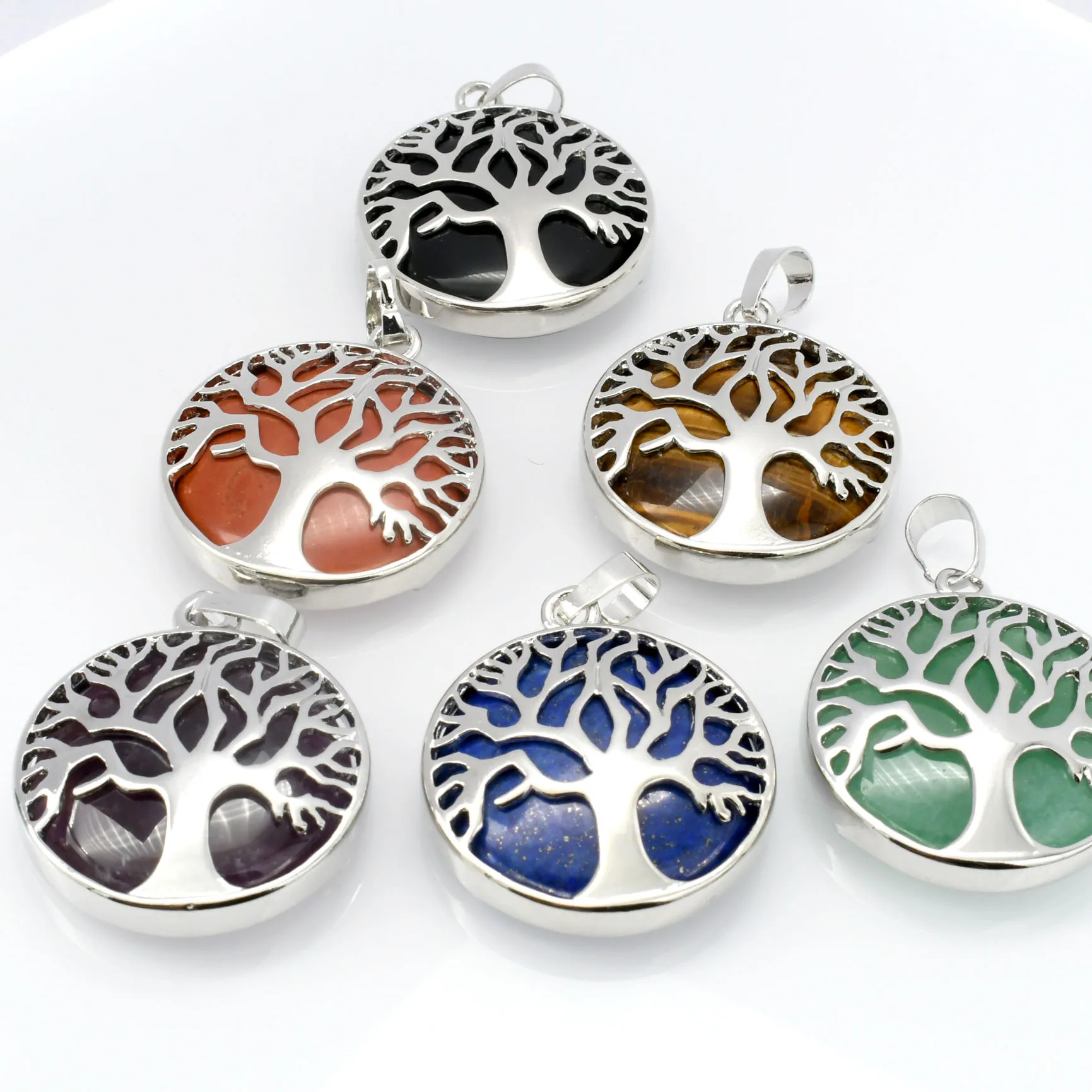 

Bulk Jewelry Wholesale Color Remain Silver Plated Lapis Rose Quarta Tiger Eye Tree of Life Pendant for Women Necklace