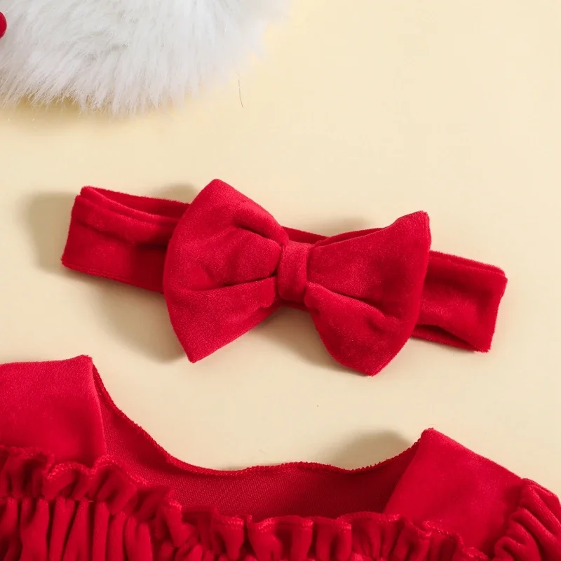 Baby Girls Christmas Corduroy Romper Dress Red Long Sleeve Star Moon Print Ruched Romper with Headband Baby Xmas Costume