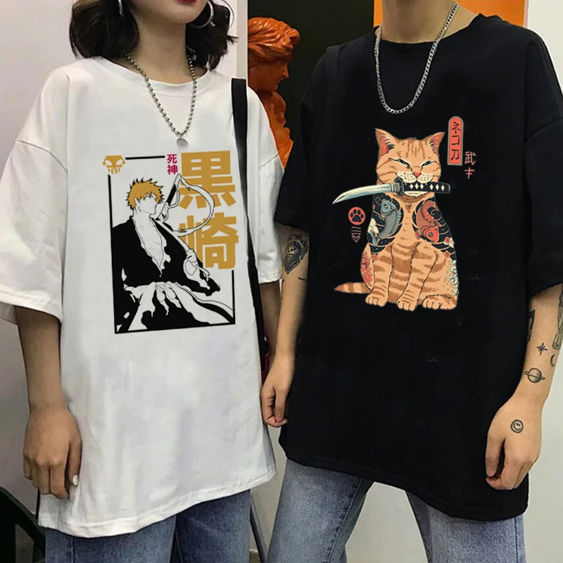 Забавная футболка с японским аниме и отбеливателем Ichigo Мужская котом Самураем в