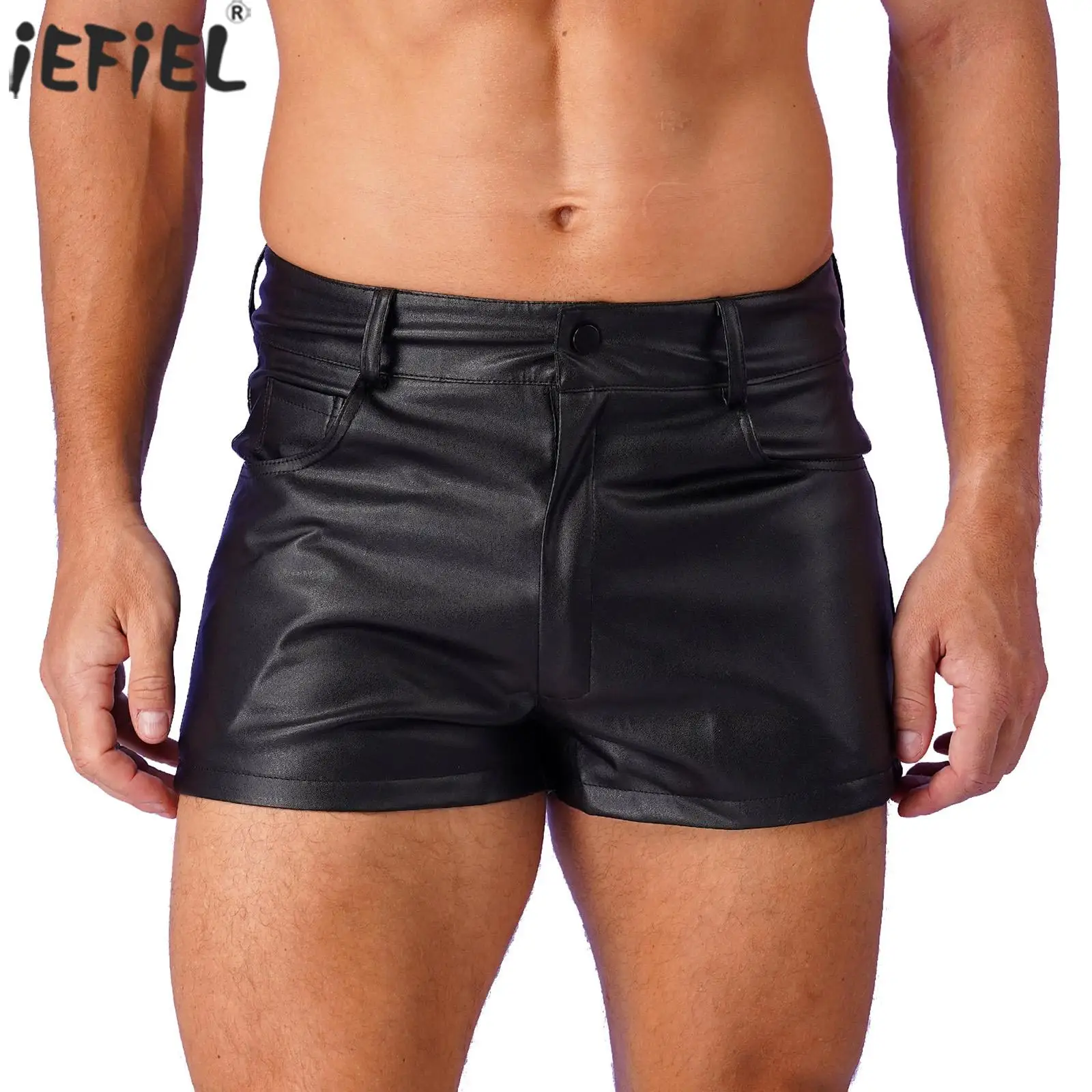 

Black Mens PU Leather Shorts Casual Streetwear Fashion Low Waist Zipper Crotch Shorts Halloween Festivals Clubwear Pole Dance