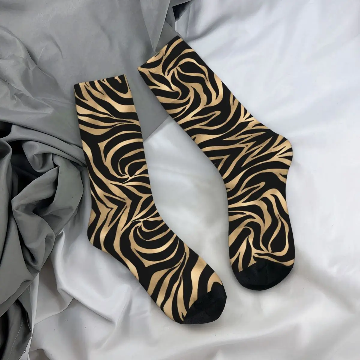 

Autumn Winter Fashion Women Men Metallic Gold Zebra Black Animal Print Socks Sweat Absorbing Basketball Socks