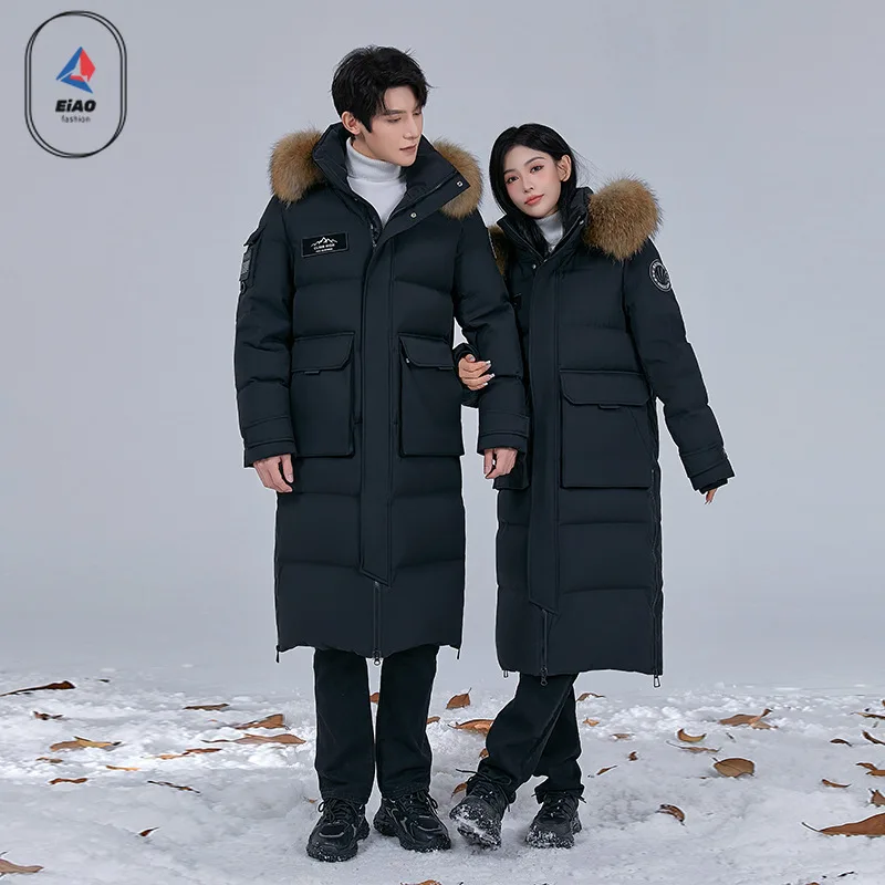 EIAO Fashion Long Goose Down Jacket Men Women Winter 2025 High-end Quality Warm Big Fur Collar Hooded Down Coat Ski Puffer Parka