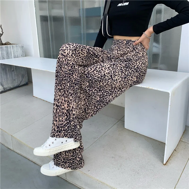 E-girl Aesthetic Indie Trousers Female Casual Long Sweatpants 2024 Fall Women Khaki Leopard High Waist Joggers Y2K Flare Pants