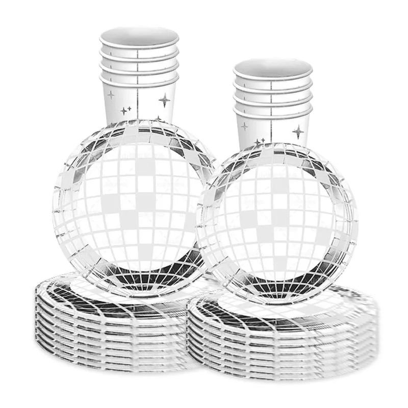 10 Ospiti Disco Silver Ball Stoviglie Piatti Laser Disco Ball Tovagliolo Cup Happy Disco Tema Festa Di Compleanno Decor Adulti Favore