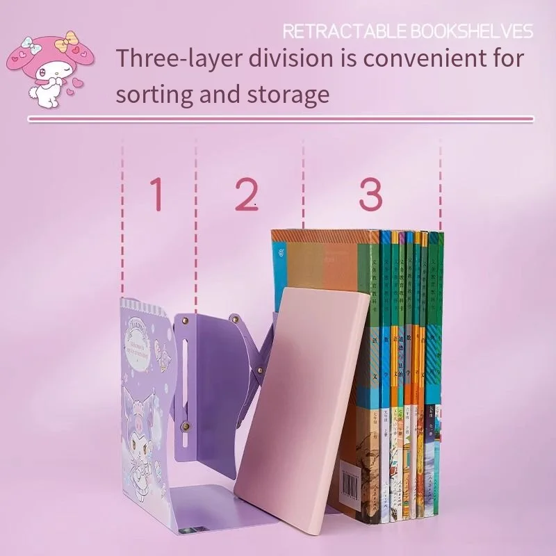 Sanrio Kuromi Cartoon Retractable Metal Book Stand Desktop Student Folding Melody Bookshelf Simple Book Storage with Partition