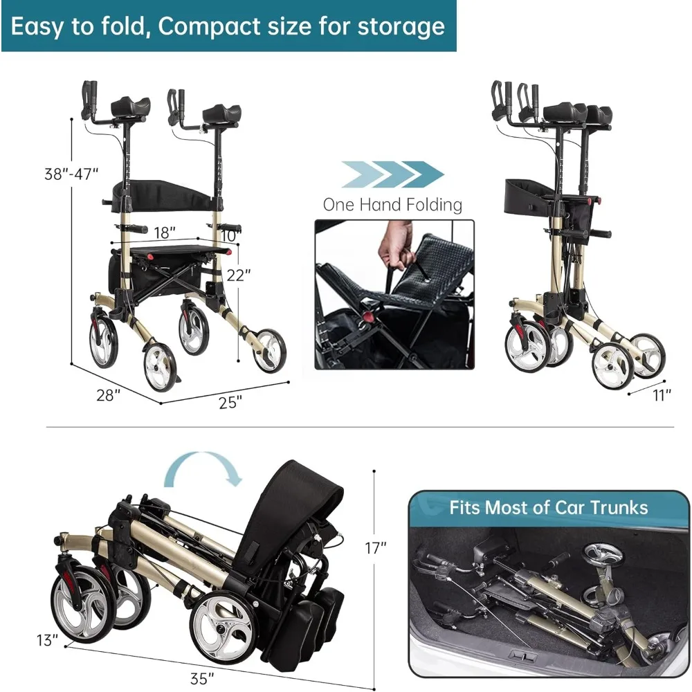 Upright Walker, Stand Up Folding Rollator Walker with  Front Wheels Backrest Seat and Padded Armrests(Champagne) 6