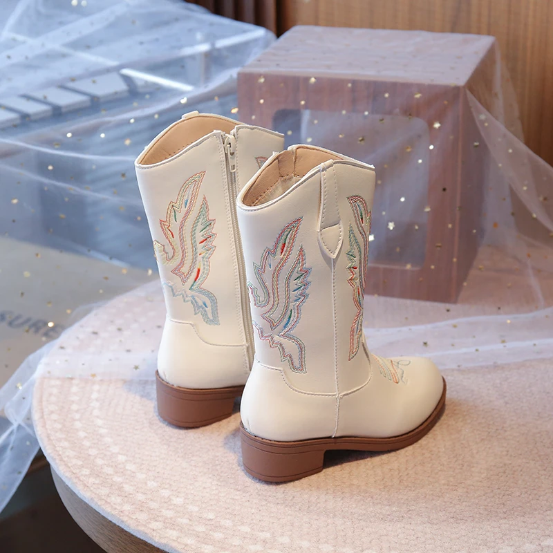 Girls Leather Cowboy Boots Embroidered Zipper Mid Calf Shoes