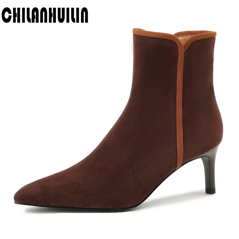 

simple fashion kid-suede women ankle boots high heels autumn winter fashion retro pointed toe heels women spike heel woman shoes