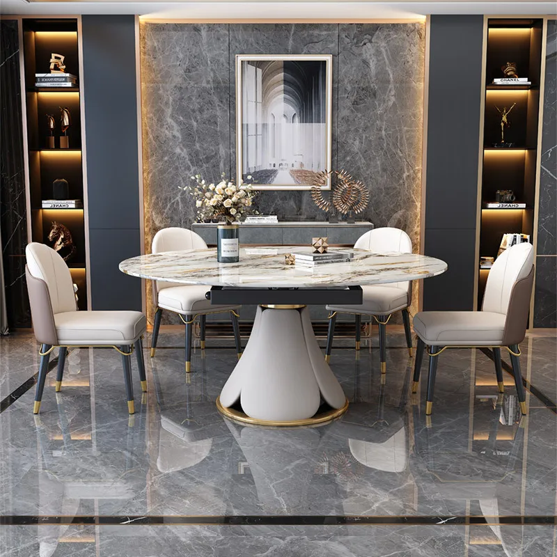 

Modern Dining Table Luxury Rock Slab Dining Table Telescopic Rotation Folding Variable Round Table