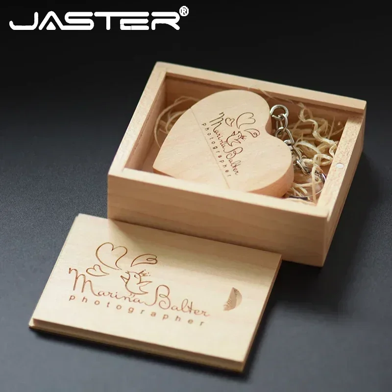 JASTER 펜 드라이브 호두 나무 하트 + 상자 USB 2.0 플래시 드라이브 무료 맞춤형 로고 메모리 스틱 열쇠 고리 결혼 선물 U 디스크 8G