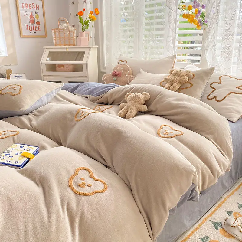

Solid Color Milk Velvet Cartoon Cute Bear Bedding Set 4pcs Thick Plus Velvet Double-sided Quilt Cover Sheet Double Large