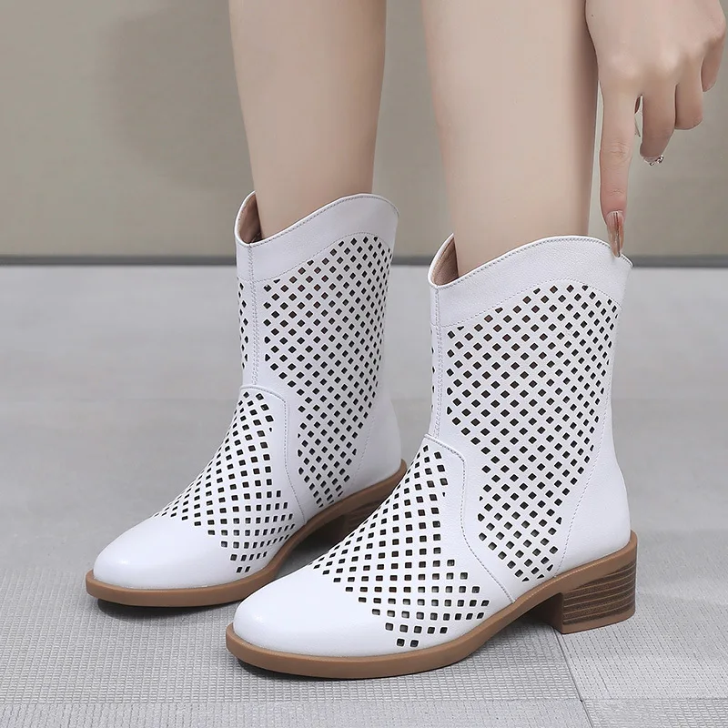 

GKTINOO Women's Boots Thick Heels Genuine Leather Woman Mid-Calf Boots Fashion Hollow Out Ladies Shoes Women Summer Boot Shoes