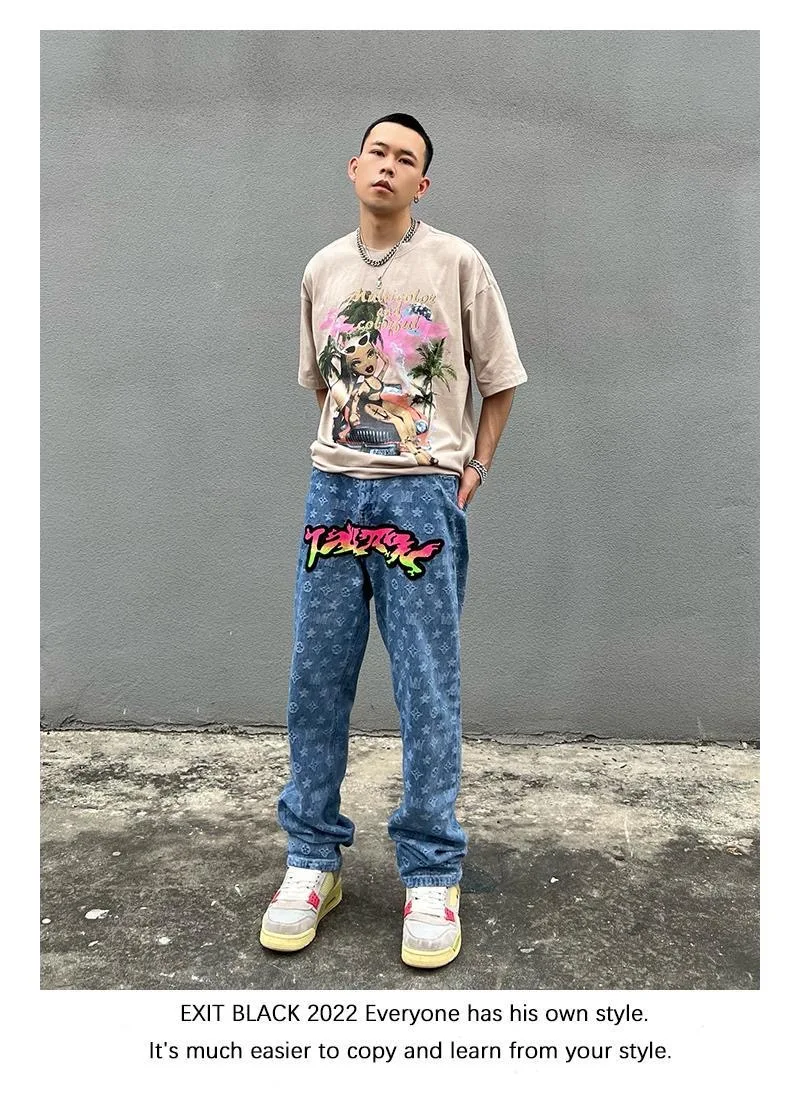 Jeans American High Street Embroidery Gradient Men's Spring and Autumn Tide Brand Hip Hop Loose Straight Pants