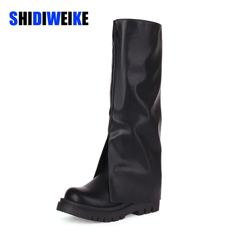 

SDWK 5CM Fashion Brand Cool Knee High Great Quality Comfy Walking Vintage Black Slip on Women's Shoes Cover Trouser Boots Women