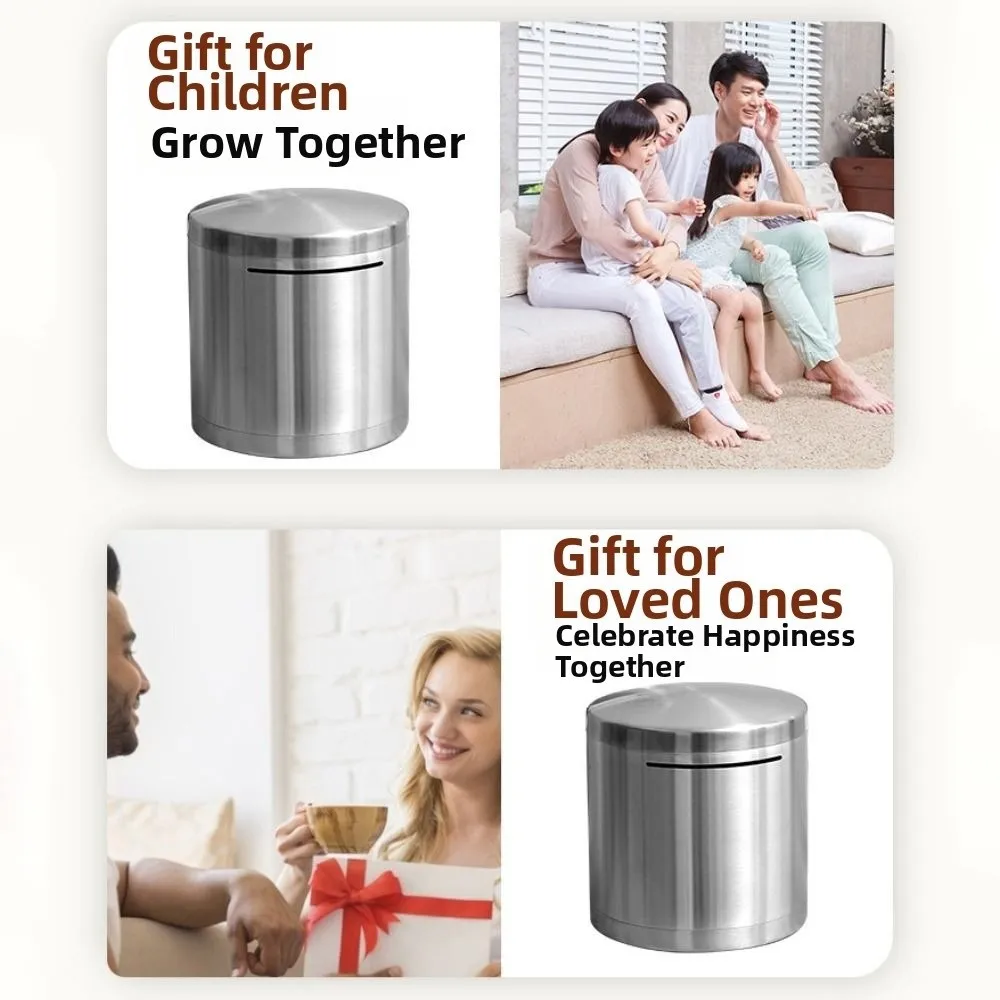 Stainless Steel Piggy Bank Cylindrical Type Durable Coin Storage Box Large Capacity Saving Money Box Adult Saving