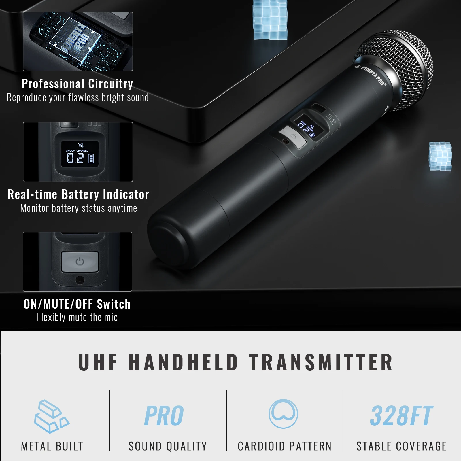UHF Professional Ｗireless Ｍicrophone Phenyx Pro 4 Channels  Auto Scan Selectable Frequency Metal 100M For Singing Church PTU7000