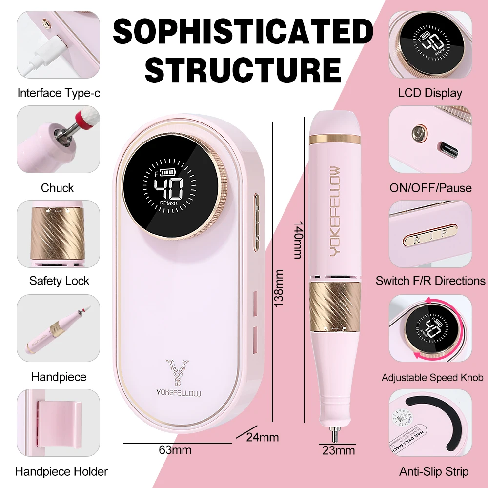 YOKEFELLOW Professional Nail Drill 40000RPM Rechargeable Electric Nail Drill Machine Cordless Nail E File for Acrylic Gel Nails 4