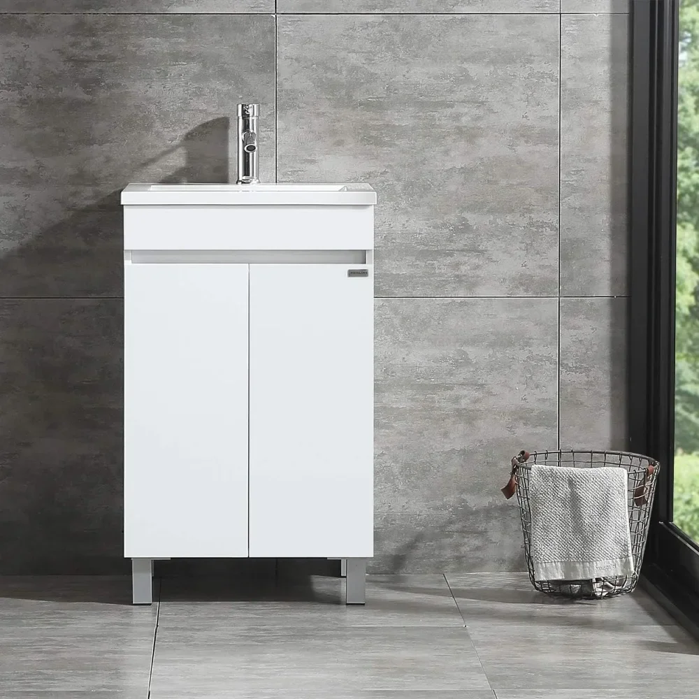 20 Inch Free Standing Bathroom Vanity Cabinet with 2 Doors Undermount Resin Sink and Chrome Faucet Combo White 4