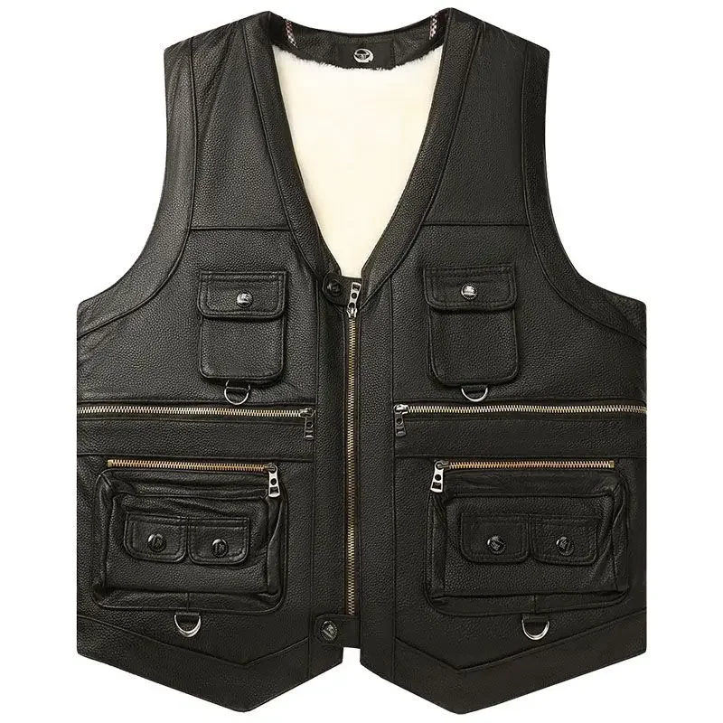 2024 Women Autumn Winter New Genuine Leather Vest Men Pocket Middle-aged Waistcoat Male Thick Fleece Sleeveless Coats D351 6