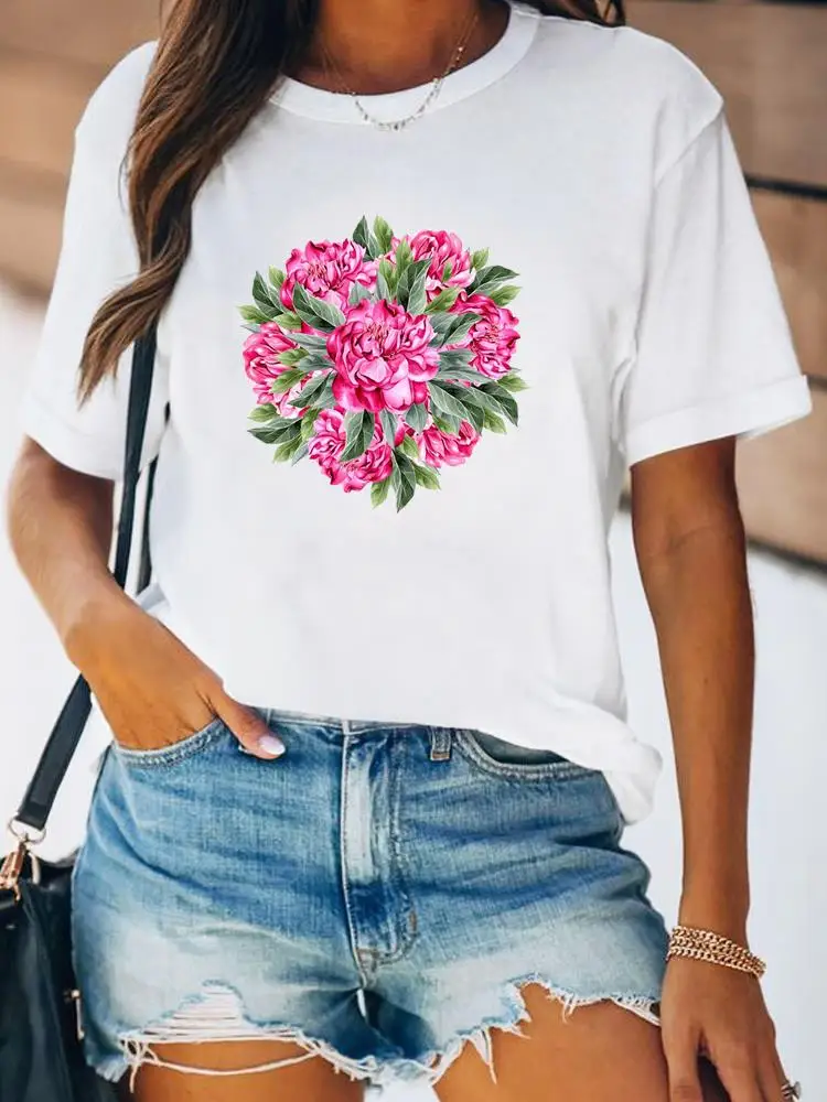 Women Spring Fashion Summer Female Tee Shirt Print Clothes Lady Short Sleeve Flower Lovely Floral Trend 90s Graphic T-shirt