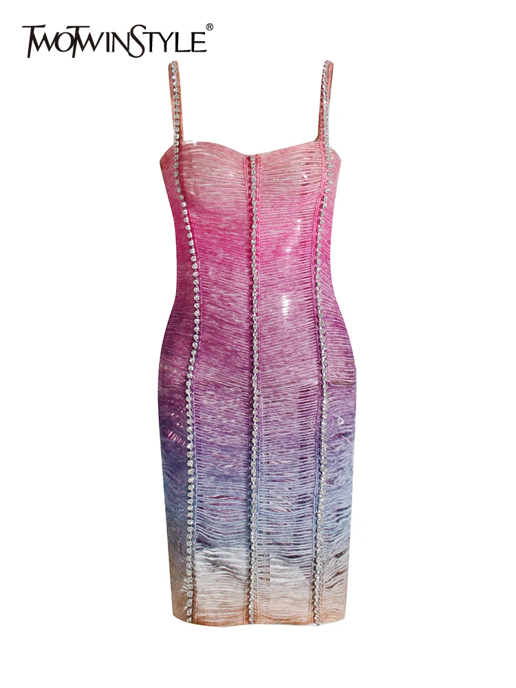 

TWOTWINSTYLE Hit Color Knitting Dresses For Women Square Collar Sleeveless High Waist Tunic Mini Dress Female Fashion Clothing