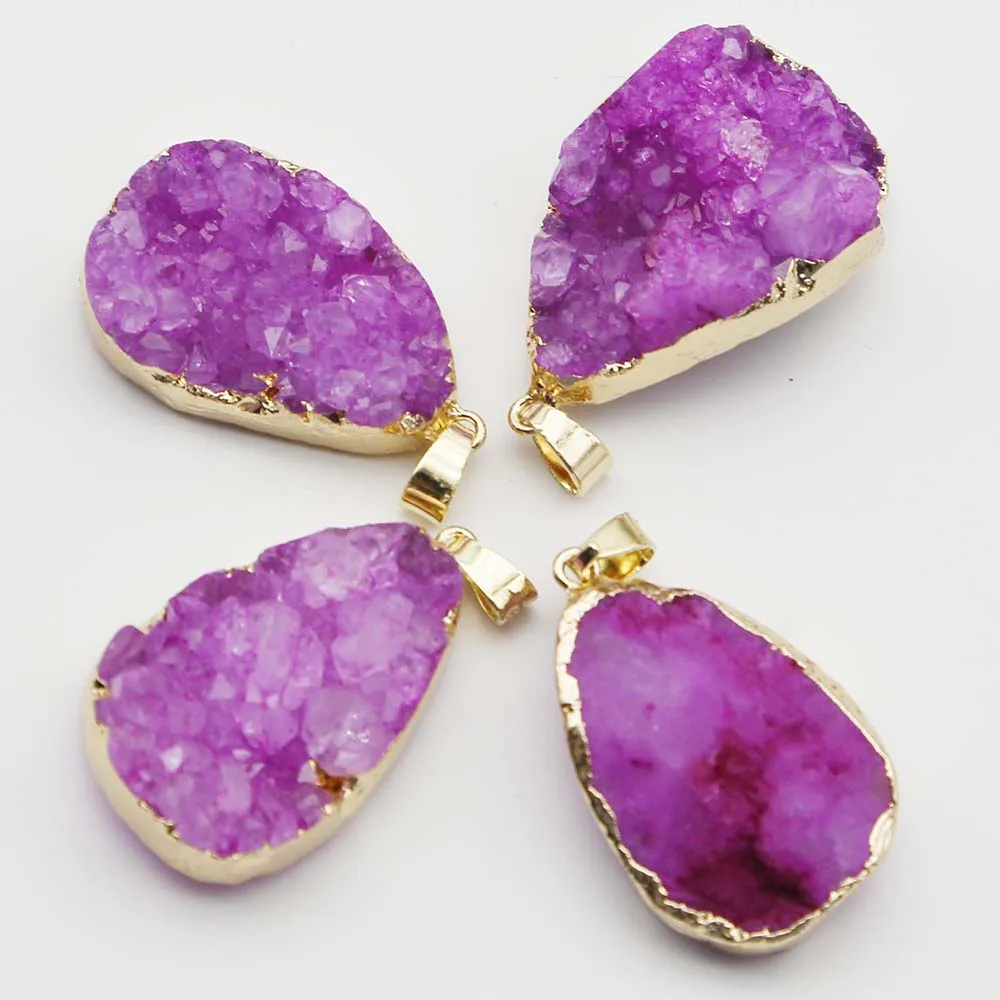 Natural Agate Crystal Semi Gem Water Drop Gold Edged Pendant Exquisite Necklace Fashion Charm Jewelry Accessories Wholesale 6Pcs