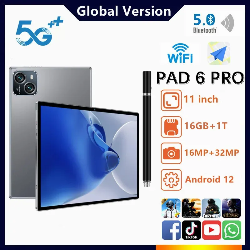 2023 Global New Pad 6 Protablet Android12 11 Pollici 16Gb 1T 10000Mah 5G Dual Sim Telefonata Gps Bluetooth Wifi Google Tablet Pc