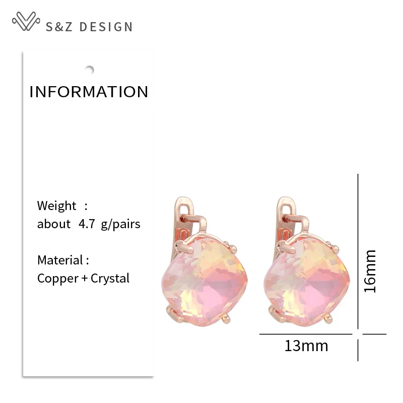 S&Z DESIGN New Fashion Square Colorful Crystal Drop Earring For Women 585 Rose Gold Color Wedding Jewelry