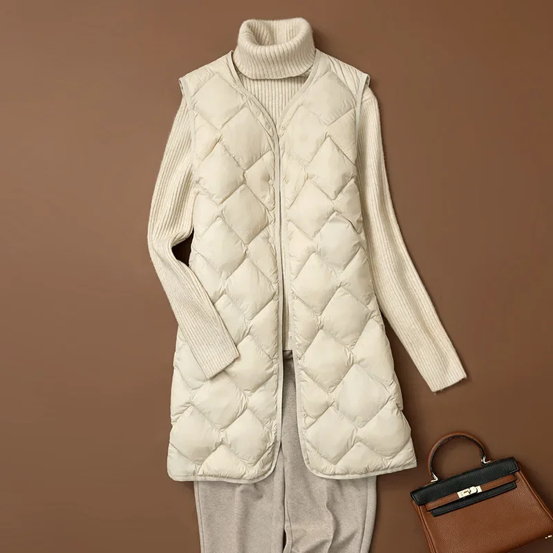Women Autumn Down Vests 2023 New Ultralight 90% White Duck Down Long Jackets Collarless Puffer Liner Portable Winter Waistcoats - 2