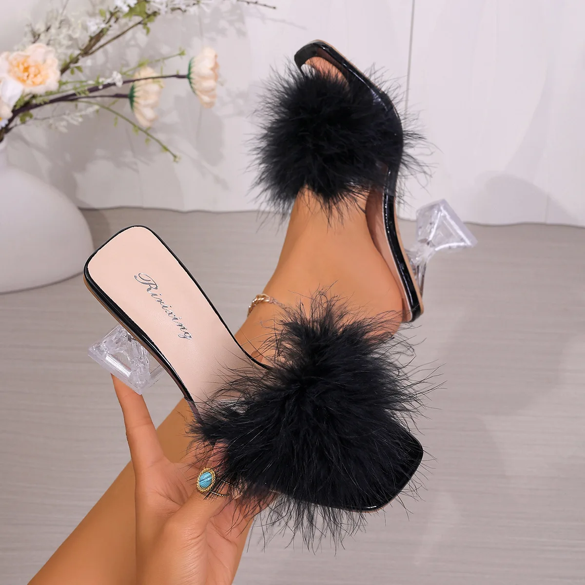 Women's Furry Transparent High Heel Sandals - Comfortable & Versatile