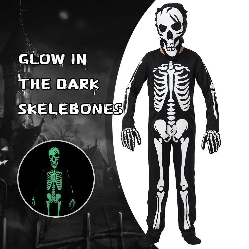 

Child Zombie Skeleton Glow In The Dark Costume Cos Scary Death Costume Halloween Ghost Jumpsuits Carnival Kids Theme Party Dress