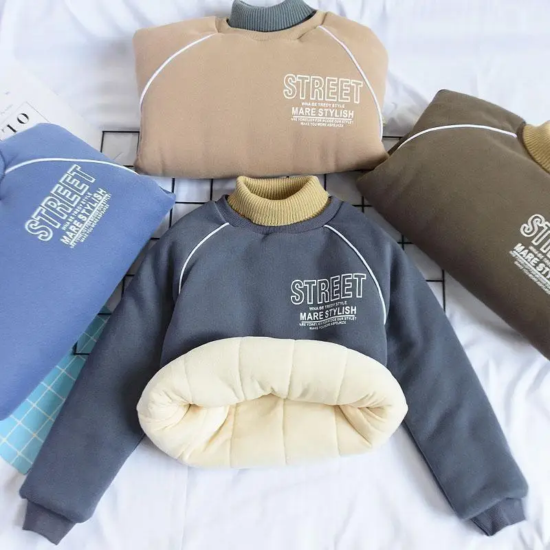 

Children's Sweater Quilted Winter New Boys' Thickened Turtleneck Top Three-Layer Warm with Velvet Bottoming Shirt