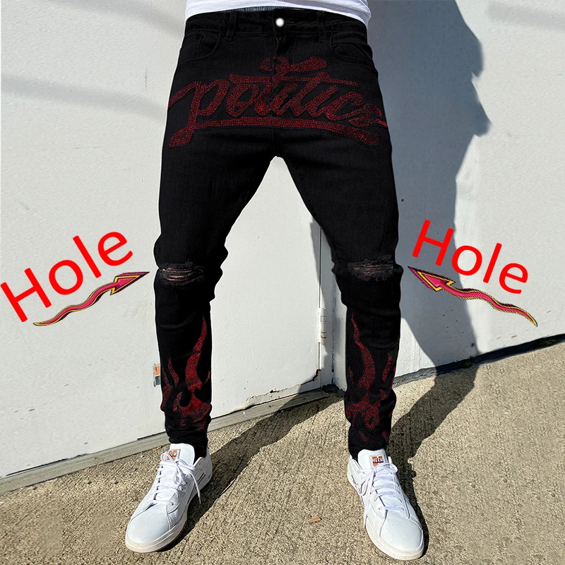 New 2021 Wash Fashion Slim Fit Stylish Elastic hole Close-Fitting Ripped Denim Pants Rhinestone letter Punk Pencil Jeans For Men