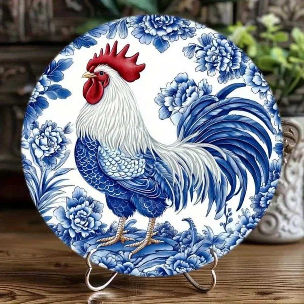 레트로 수탉 알루미늄 벽 장식 - 1개 2D 플랫 블루 & 화이트 도자기 스타일, 닭 장 꽃무늬 장식 접시, 사무실용