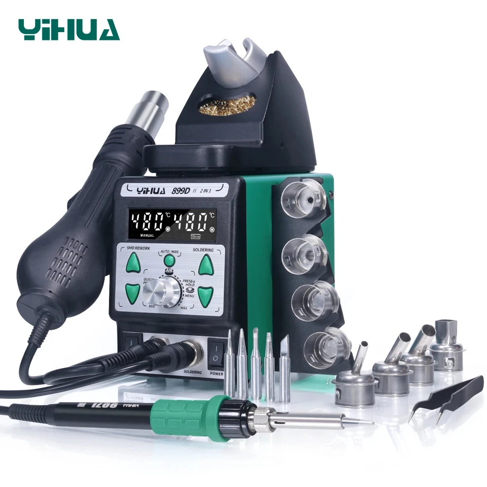 YIHUA 899D-II One Button Turns Hot to Cool Air Upgraded Nozzle Easy Plug-pull 2 IN 1 Hot Air Rework Soldering Iron Station