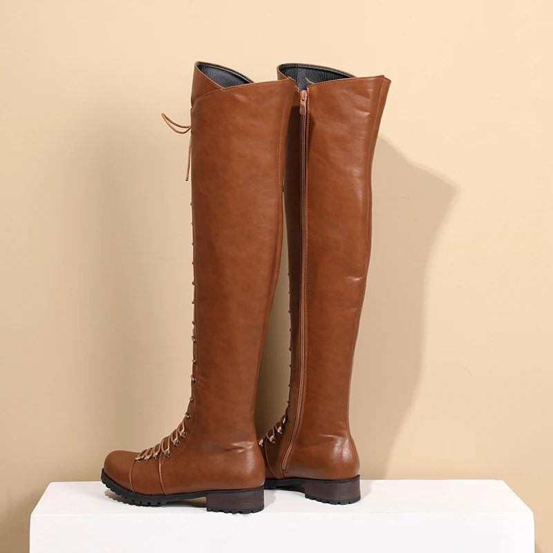 Rivet Metal Round Hole Cross Lace Up Thick Heel Long Tube Women's Boots Side Zipper Plush Inside Over-the-Knee Boots 2022 Winter