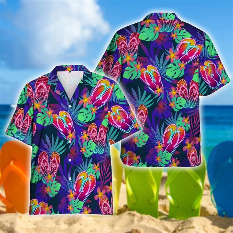 

Summer Flip Flop Graphic Beach Shirts Hawaii Slippers 3D Printed Shirt For Men Clothes Funny Male Slipper Lapel Blouse Shoe Tops