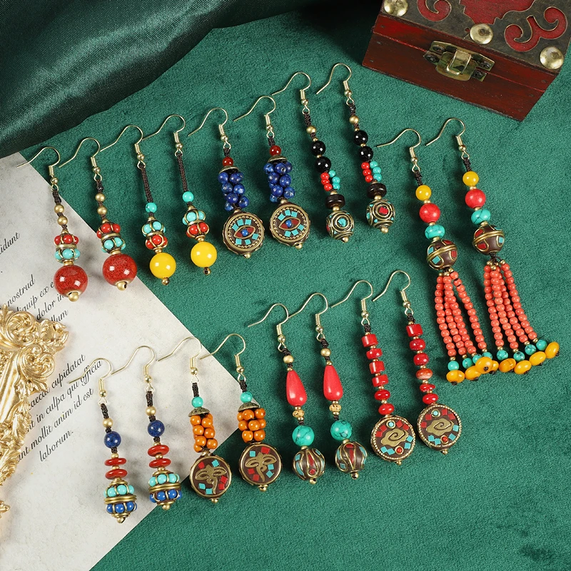 

2023 Latest Vintage Handmade Brass Beads Dangle Earrings Ethnic Tibetan Nepal Enamel Beaded Pendant Earrings Gift