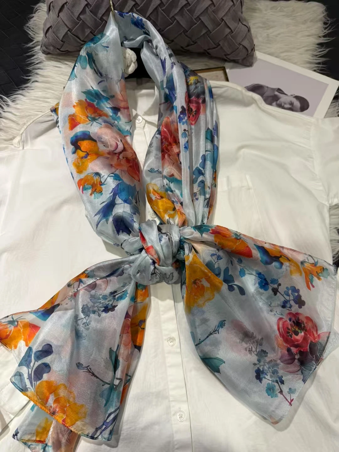 Elegant Orange and Blue 100% Mulberry Silk Floral Scarf - Versatile Summer Wrap/Shawl