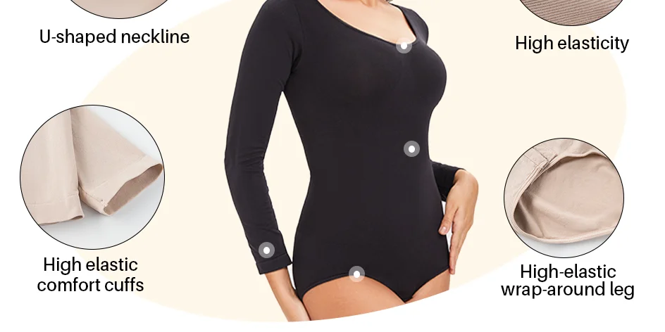 Description Picture 6 of itemFemale Underwear Open Crotch One-Piece Bodysuit Long Sleeve Seamless Waist Trainer Body Shaper Sheath Flat Belly Shapewear Woman