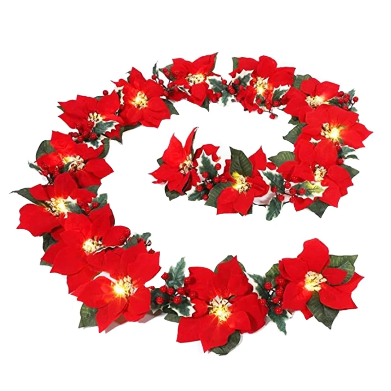 New LED Artificial Poinsettia Garland,String Light Christmas Garland