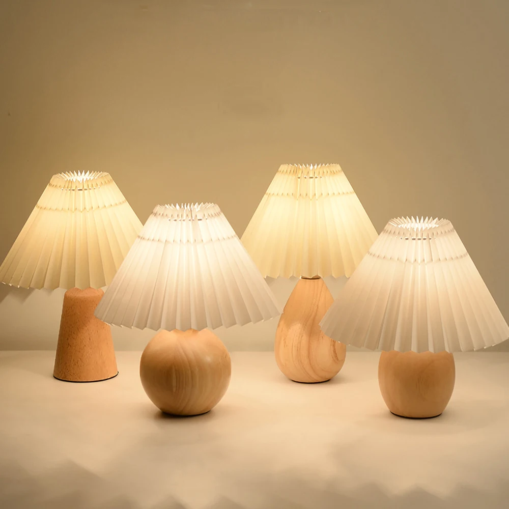 

Vintage pleated solid wood small table lamp E27 bedside bedroom girl Nordic decorative Japanese table lamp