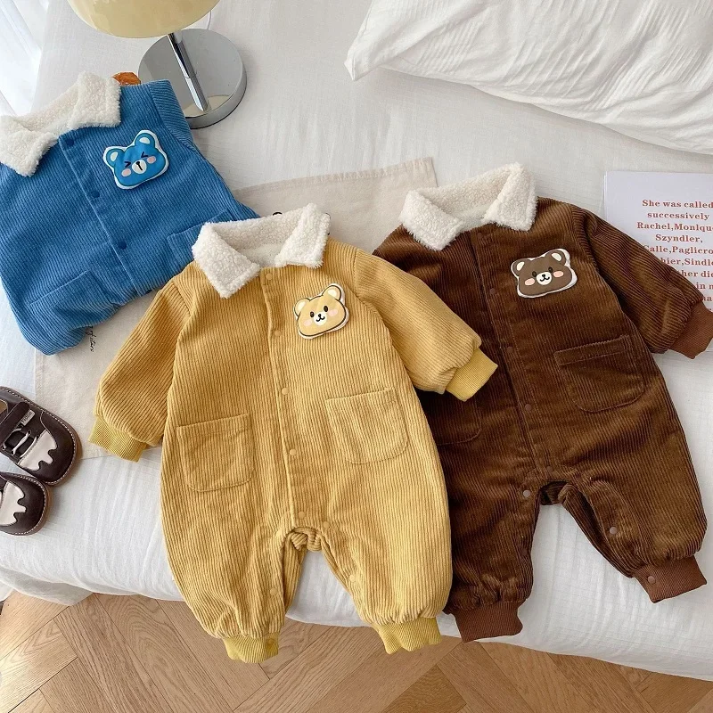 

Fashion Newborn Baby Corduroy Romper 0-2Years Infant Boy Girl Long Sleeve Turn Down Collar Fleece Thicken Warm Outwear Clothes