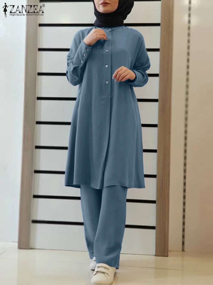 2023 ZANZEA Fashion Muslim Sets Turkey Long Sleeve Blouse Pants Set 2pcs Solid Color Elegant Casual Outifits Ramadan Abaya Hijab