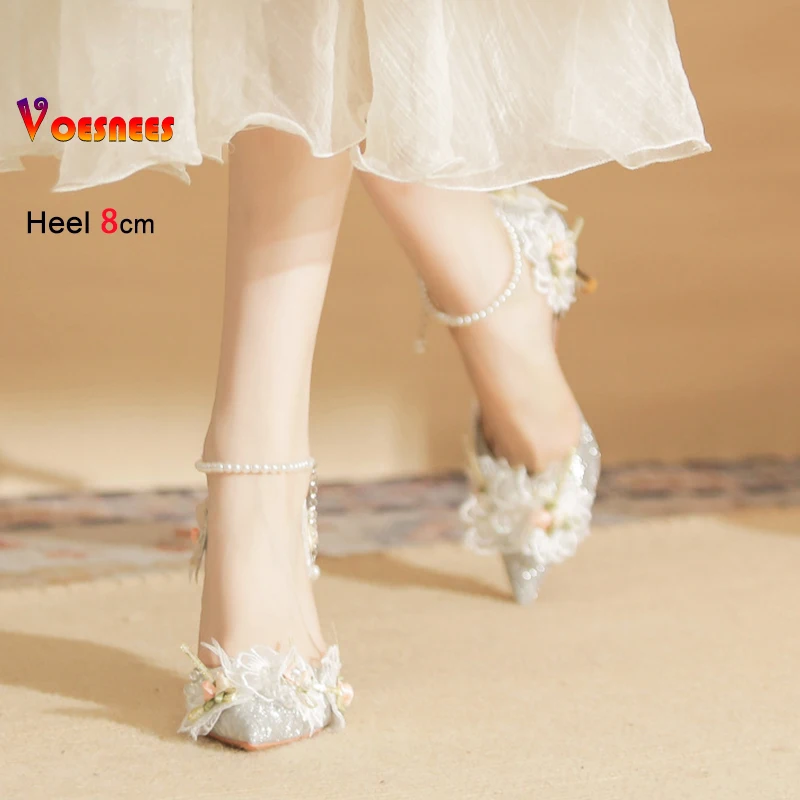 Women's Pumps Elegant Lady Evening Party Dress Prom Shoes 8CM Lace Flower Pearls Single Shoes Spring Summer Pointed High Heels 5