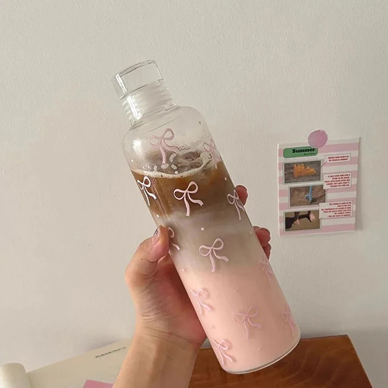 Kawaii Bow Plastic Water Bottle With Time Scale Transparent Water Cup Outdoor Sports School Drinking Bottle 500ML sports water bottle portable water bottle