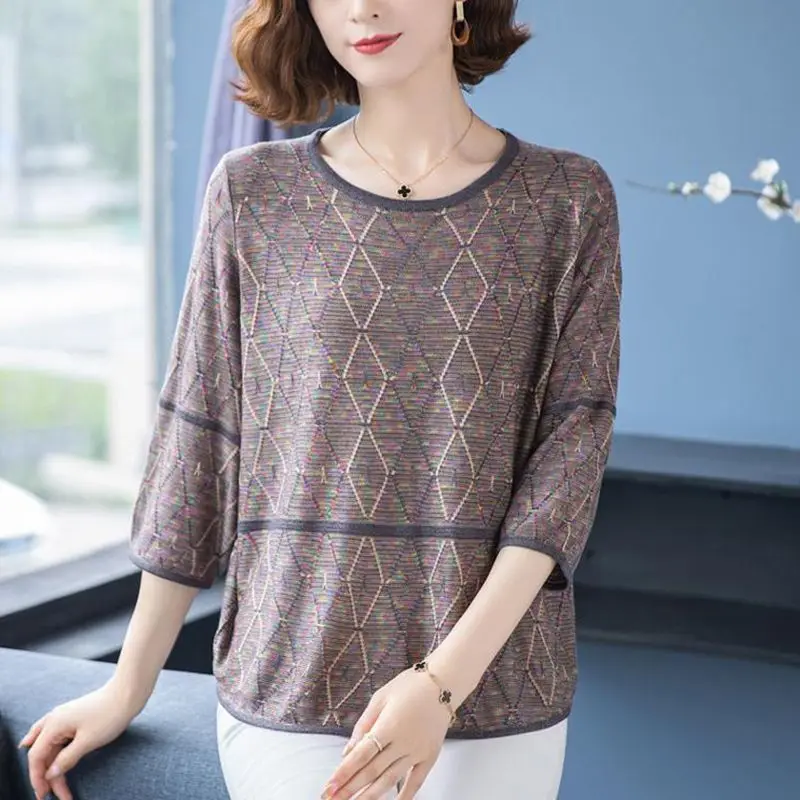 2023 Spring and Summer New Korean Version Fashion Versatile Women's Clothing Printed Round Neck 3/4 Sleeve Commuter Pullover