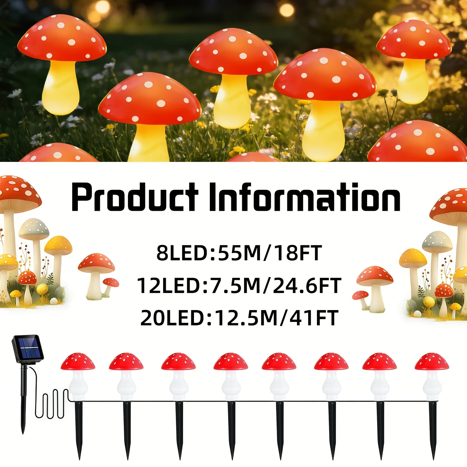8/12/20 LED 태양광 버섯 모양 조명 8가지 조명 모드 야외 정원 길 잔디 장식 부활절 파티 분위기 조성