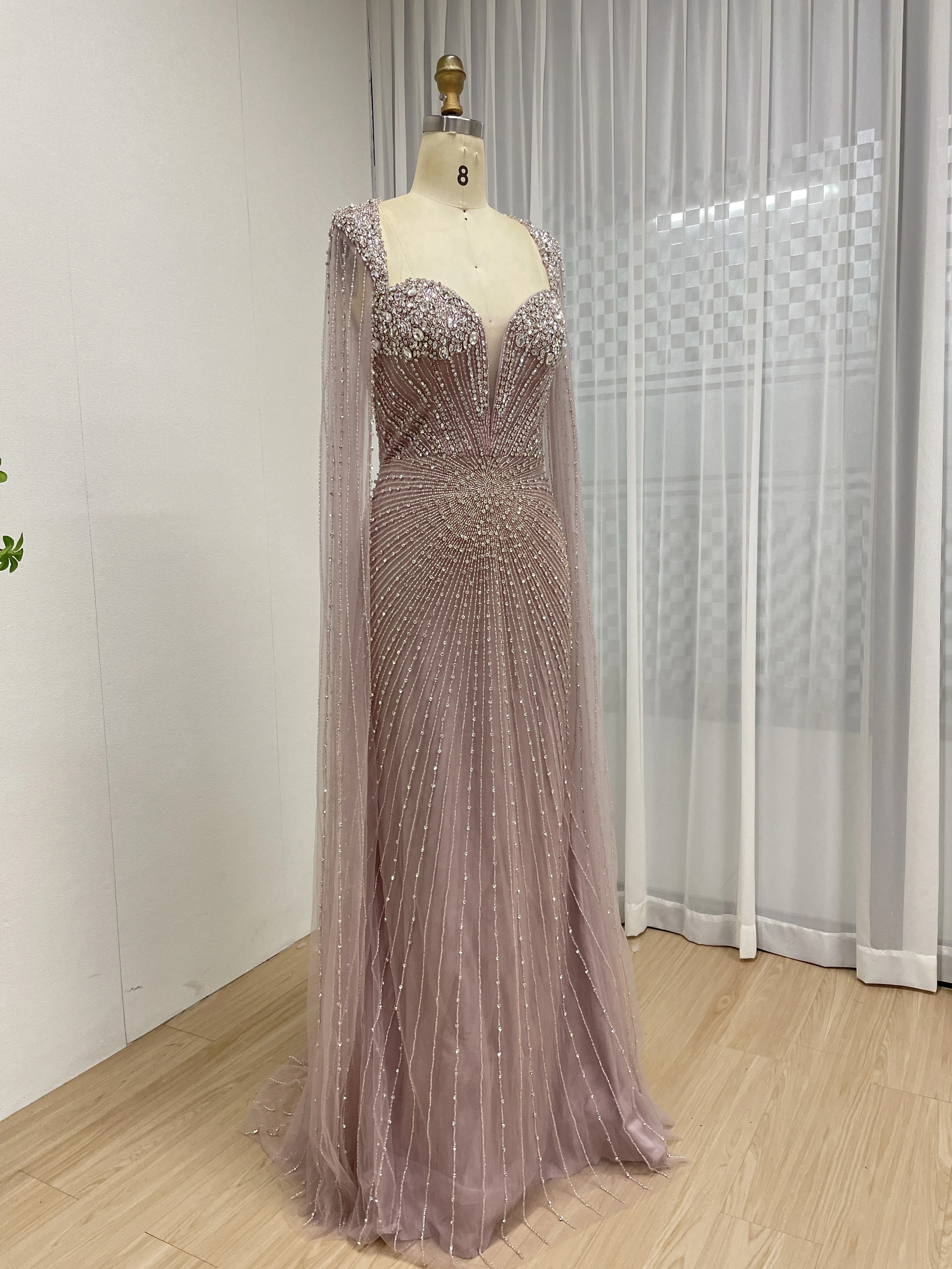 MYMB neue Karamell Rosa Cape Ärmel Perlen Saudi Arabisch Abendkleider Kleider für Frauen Formelle Anlässe Angepasst MB40393 – Detail 8